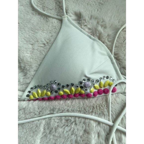 Victoria's Secret Small White 90’s Inspired Beaded Triangle Swim Bikini Top Y2k - Picture 2 of 6